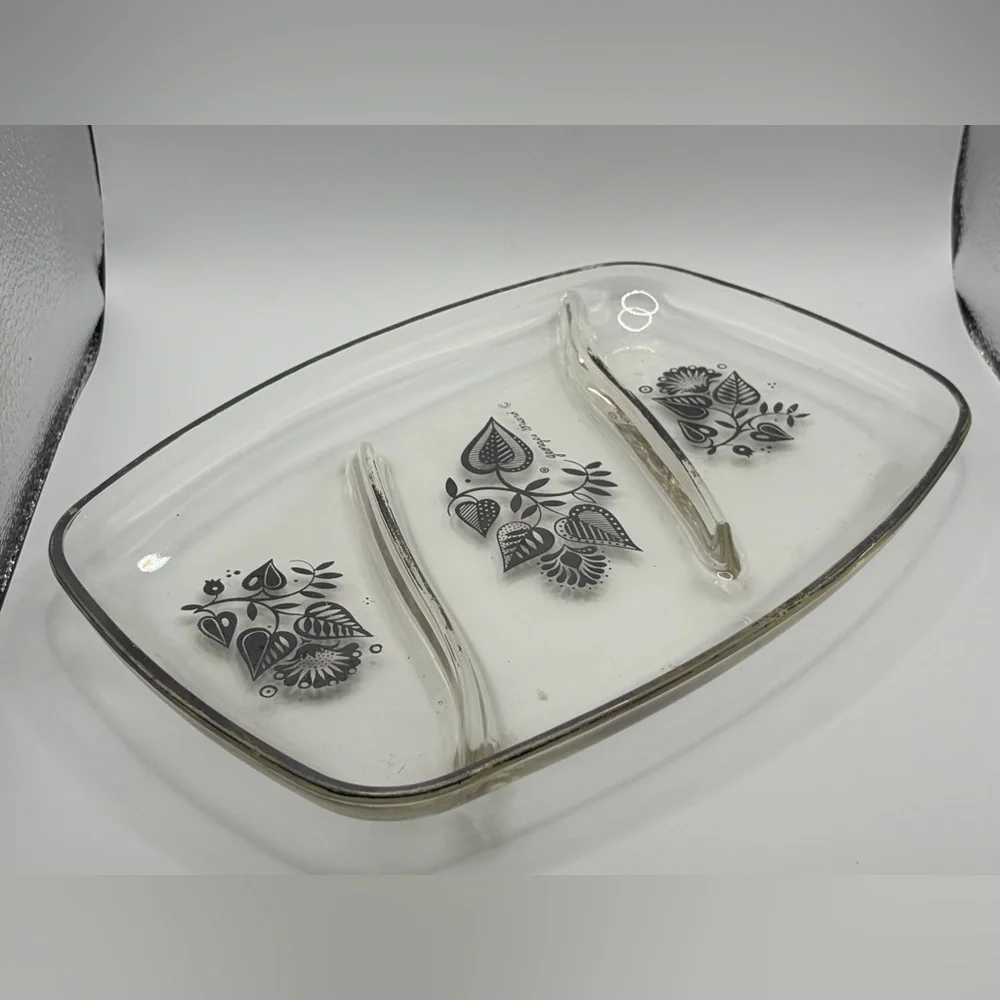 Georges Briard MCM Vintage Divided Silver Botanical Floral Glass Serving Tray
